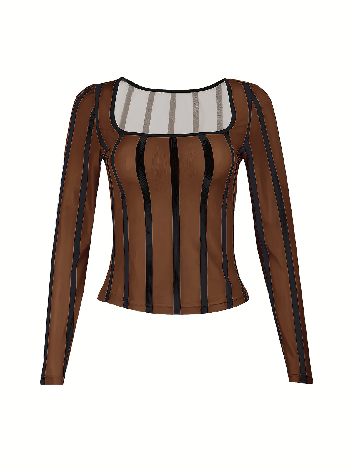 square neck   clavicle vertical striped mesh   t