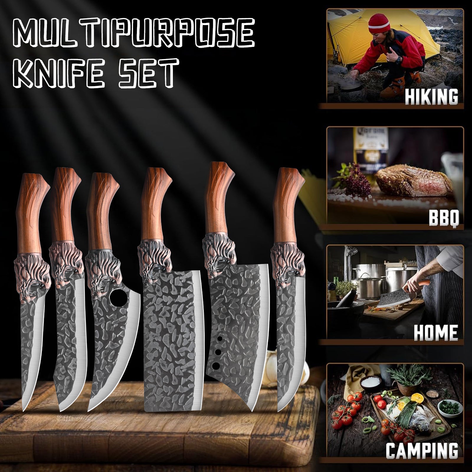 7pcs chef knife set   damascus style blade brown