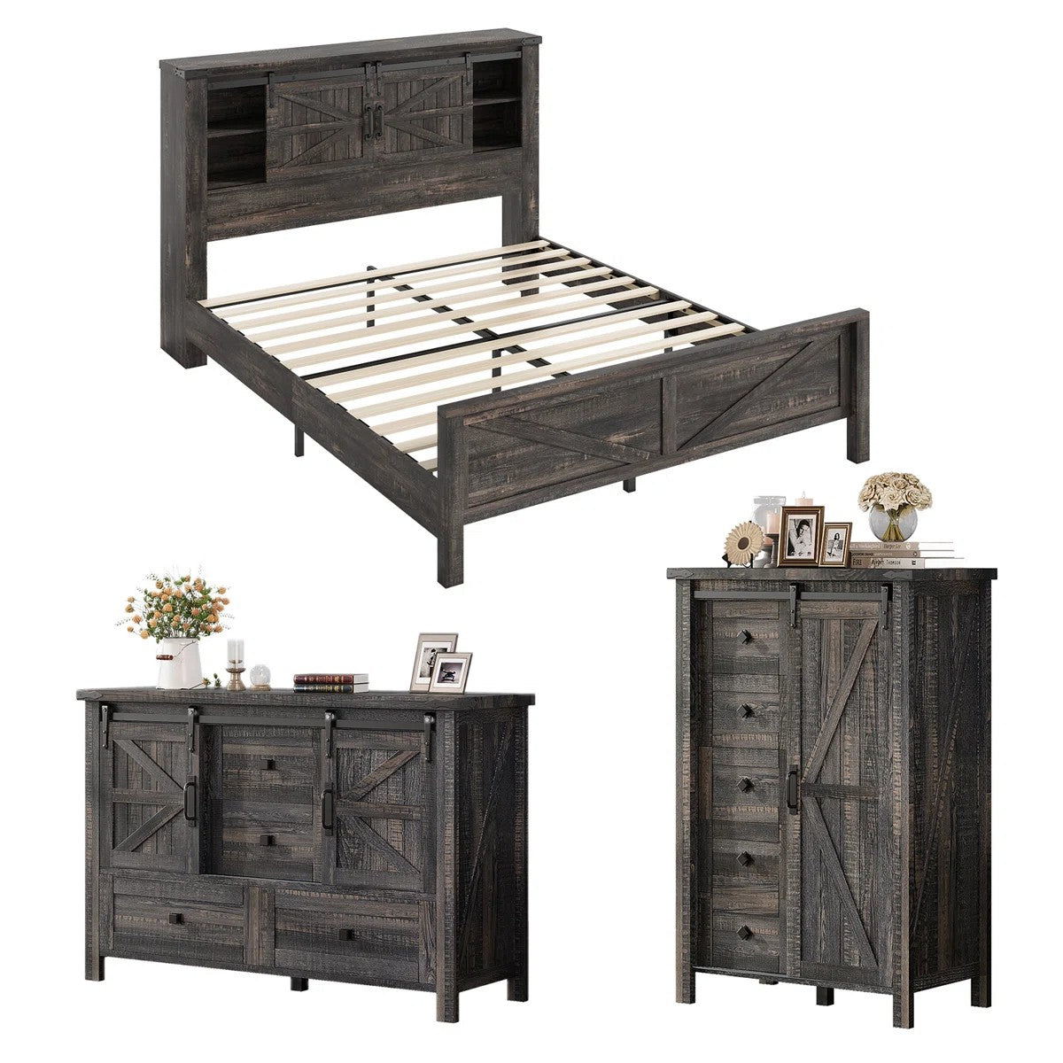 farmhouse bedroom set bed sliding barn doors bookcase
