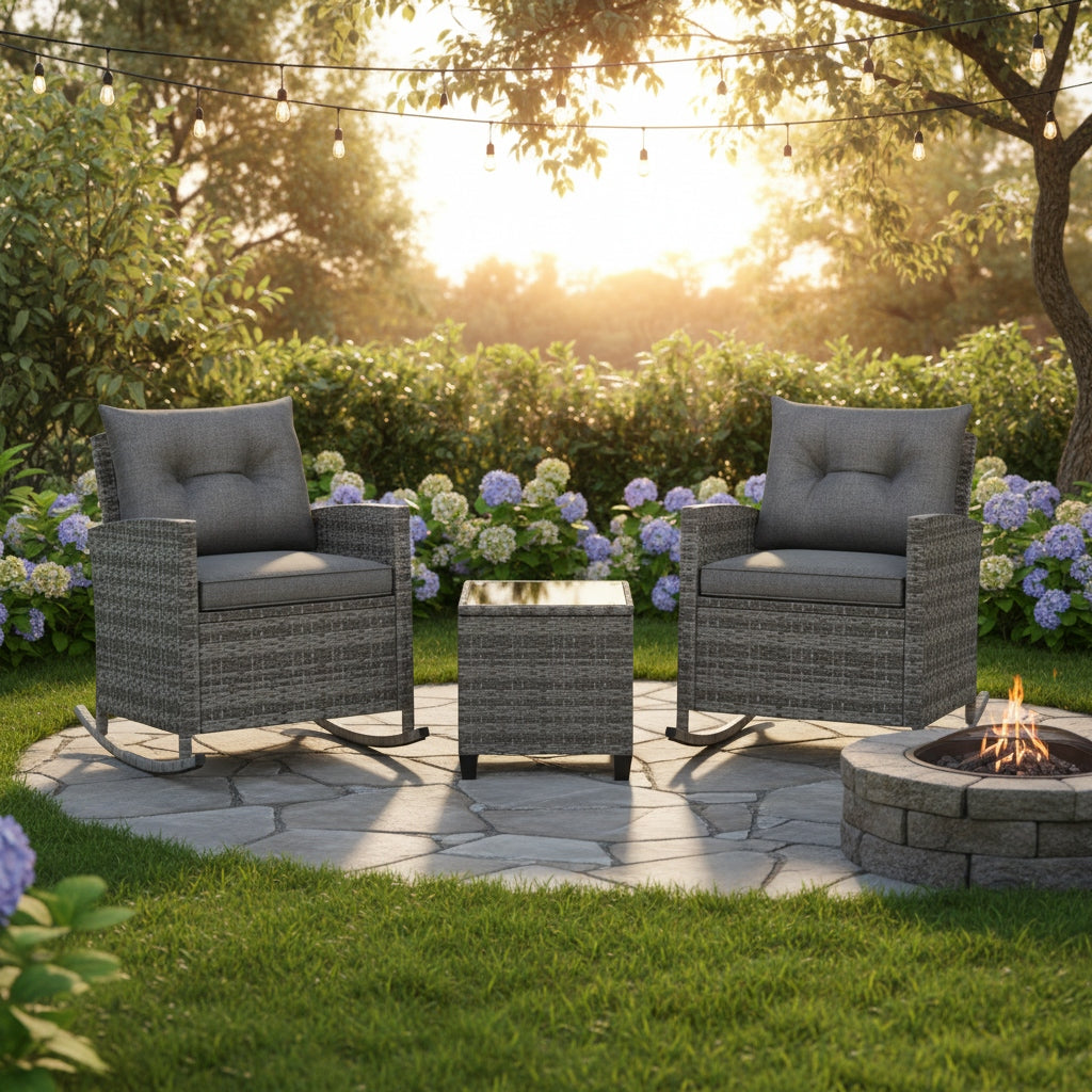 3pcs outdoor rocking chair set rattan wicker patio