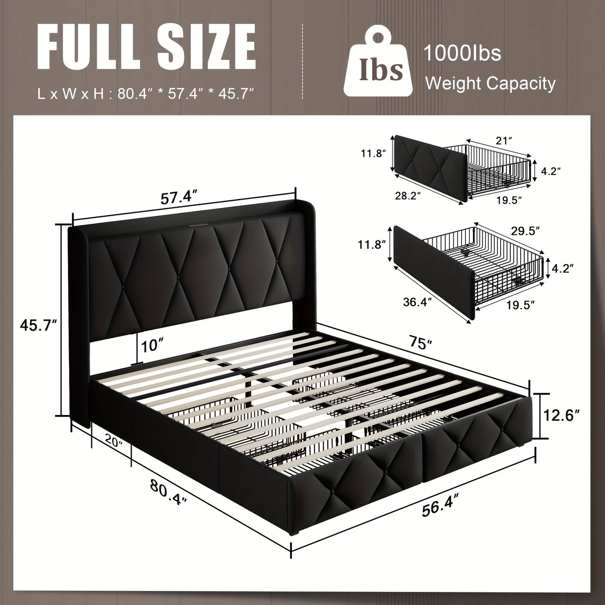 4 drawers storage bed frame wingback headboard