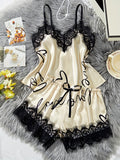 contrast lace letter print pajama set spaghetti strap top