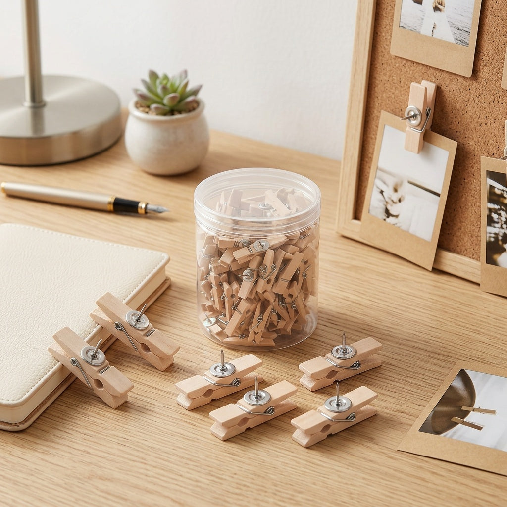 30pcs push pins wood holder set transparent box packaging