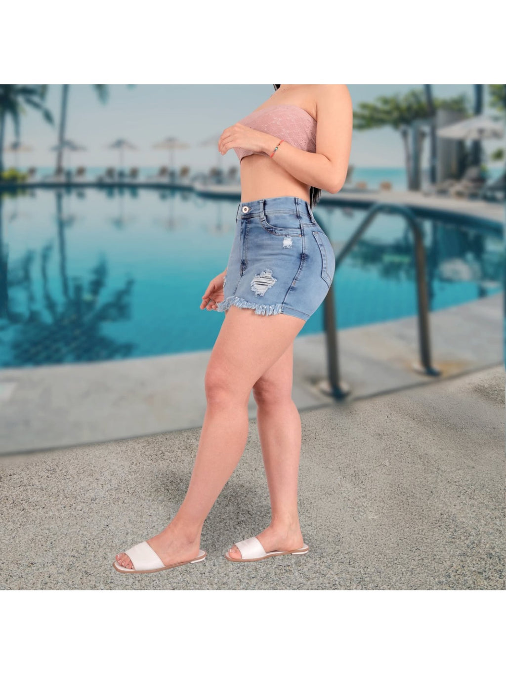 waisted stretch washed ripped denim shorts women