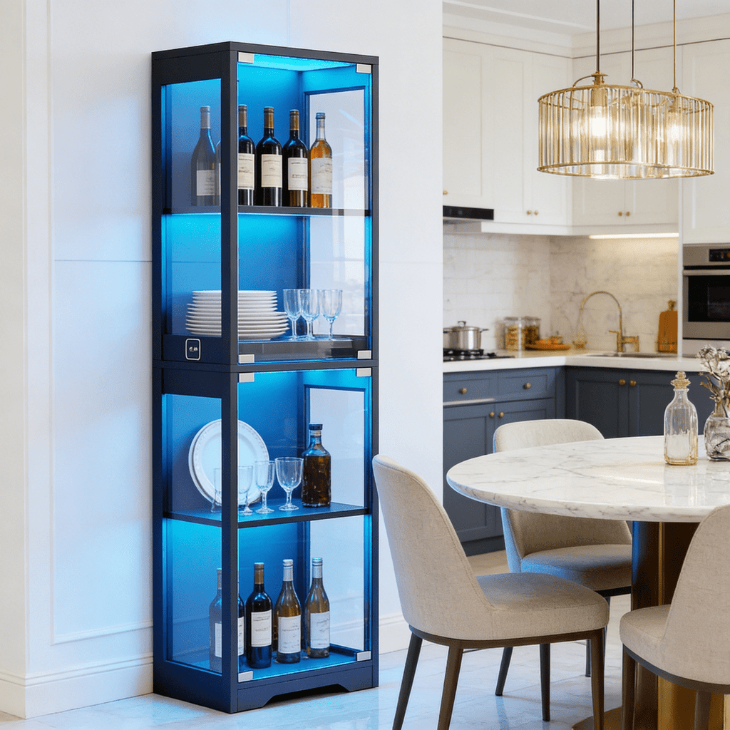 single door glass display cabinet 4 tier 3 led lights smart