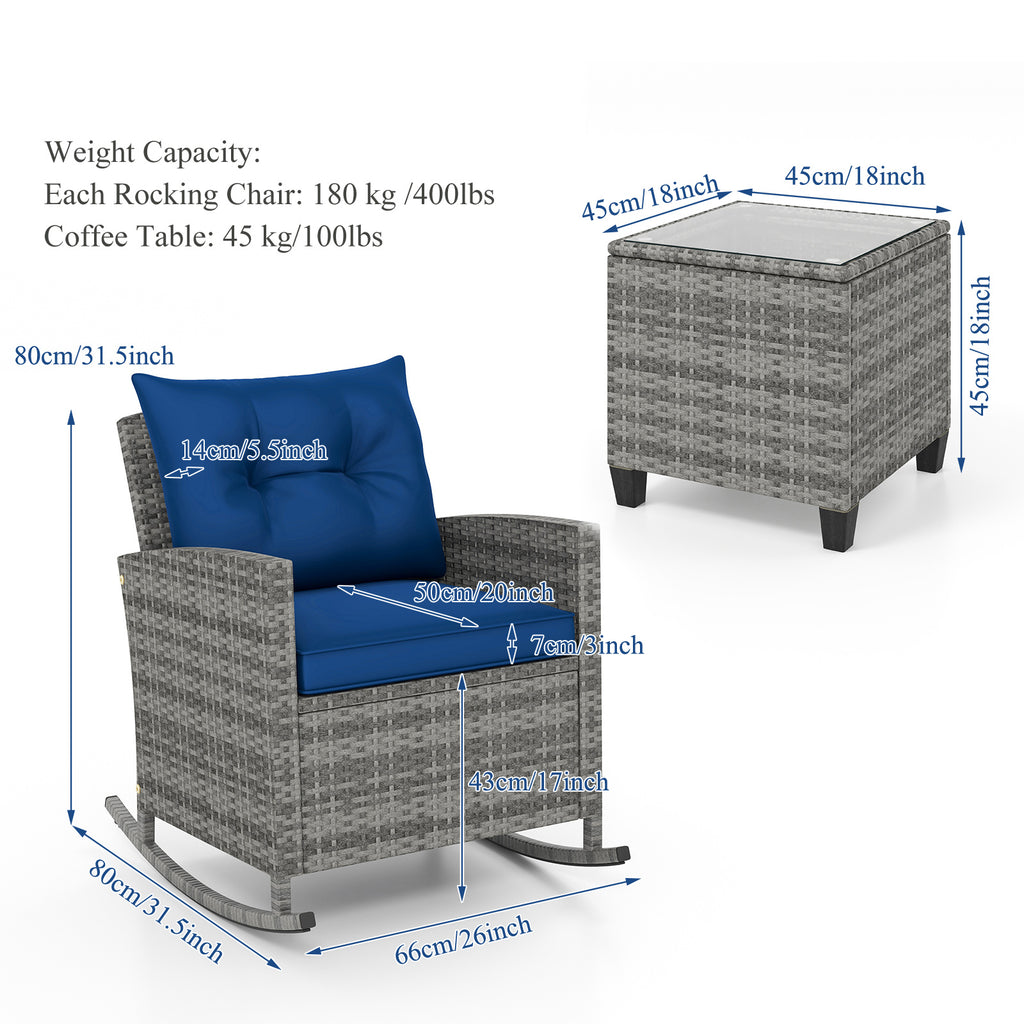 3pcs outdoor rocking chair set rattan wicker patio