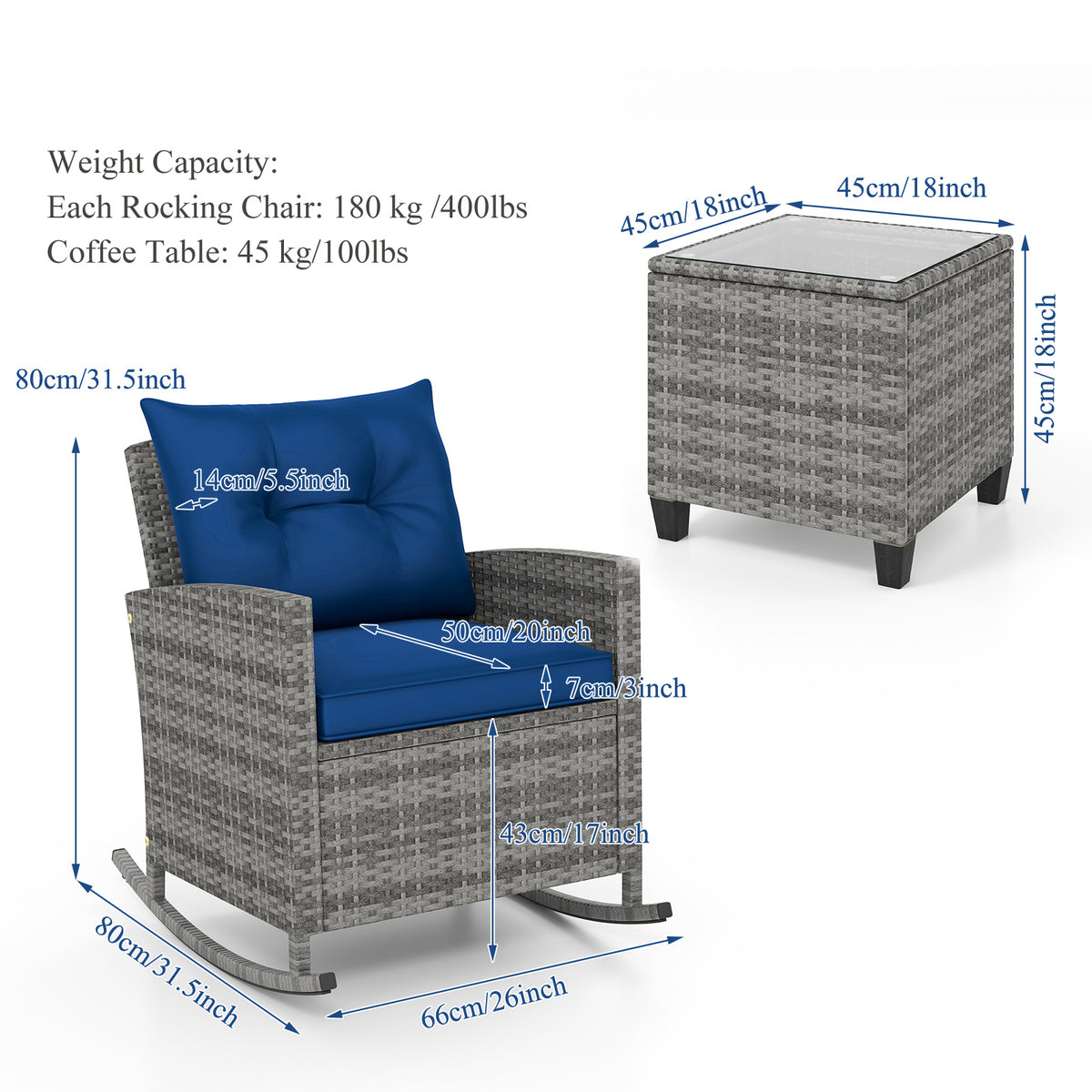3pcs outdoor rocking chair set rattan wicker patio