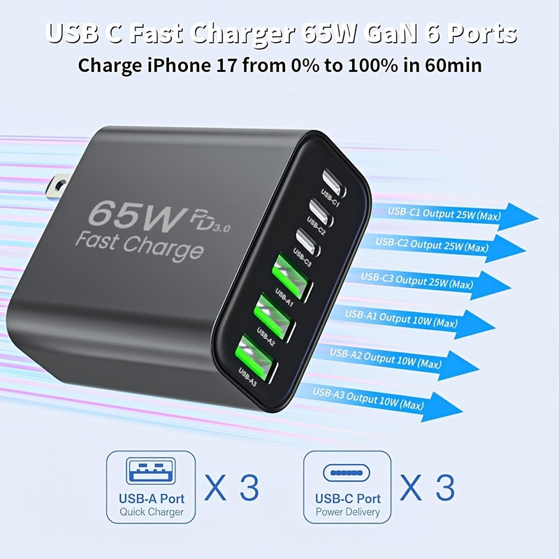 65w 6 port type c type a multi port charger home wall