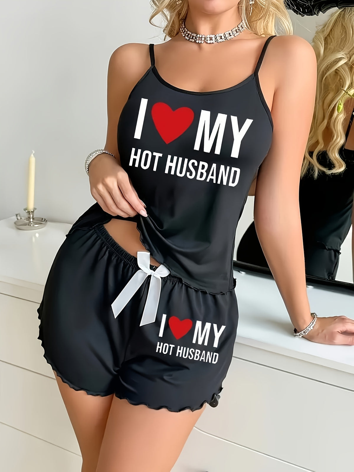 womens love hot husband print tank top shorts set black