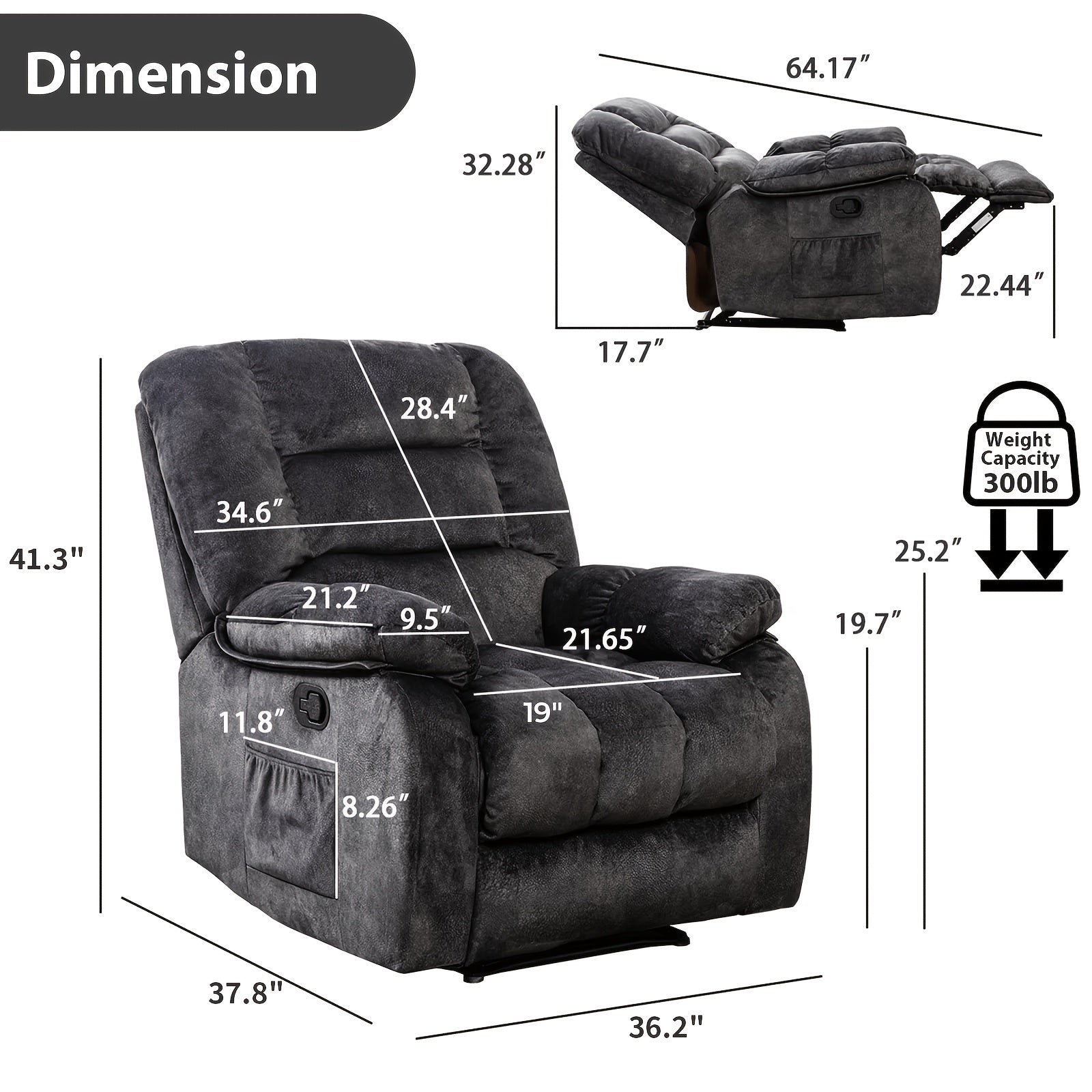 oversized manual recliner chair massage heat soft fabric