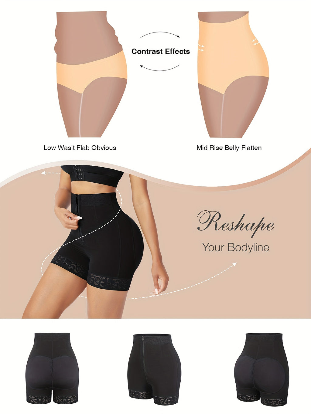 women front zipper   lifter shorts high waist curve