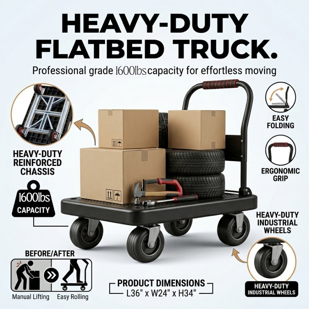folding heavy-duty handcart,   handcart,   truck,   trolley, silent tpr wheels, thickened frame (1600/980/480/220 lbs), suitable for home renovation, material handling, moving, large item transportation,   and garages. - tools & home improvement