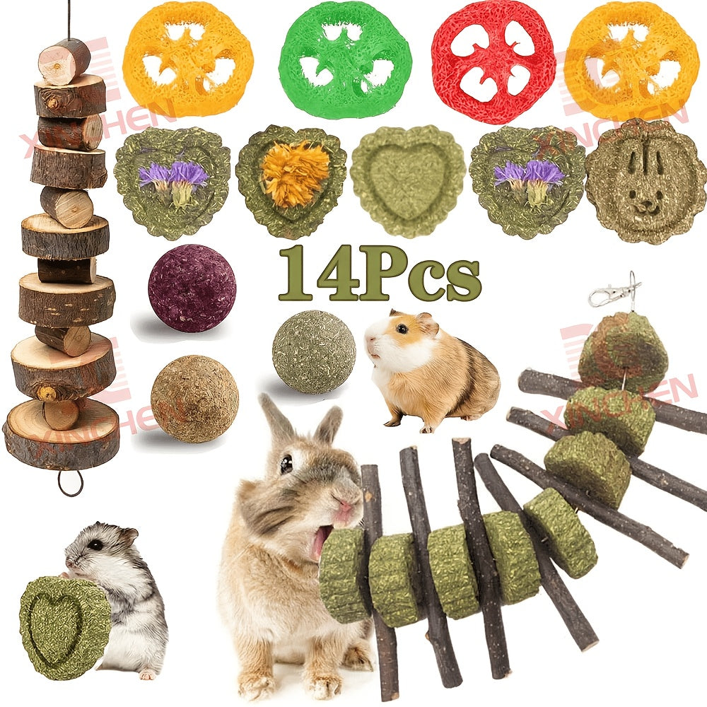 14pcs bunny chew toys   hay   wood