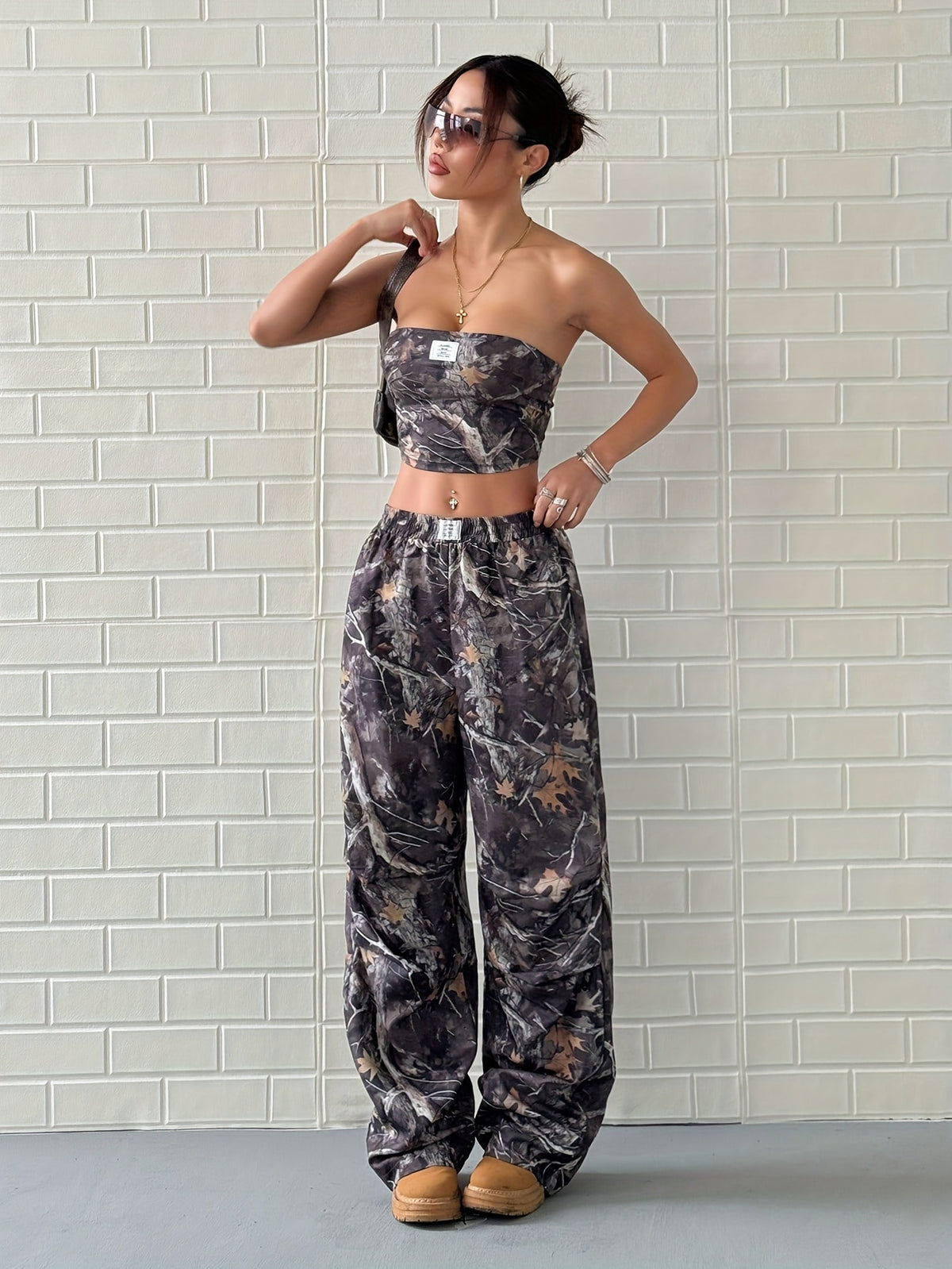 2pcs womens vintage   print crop top casual pants set