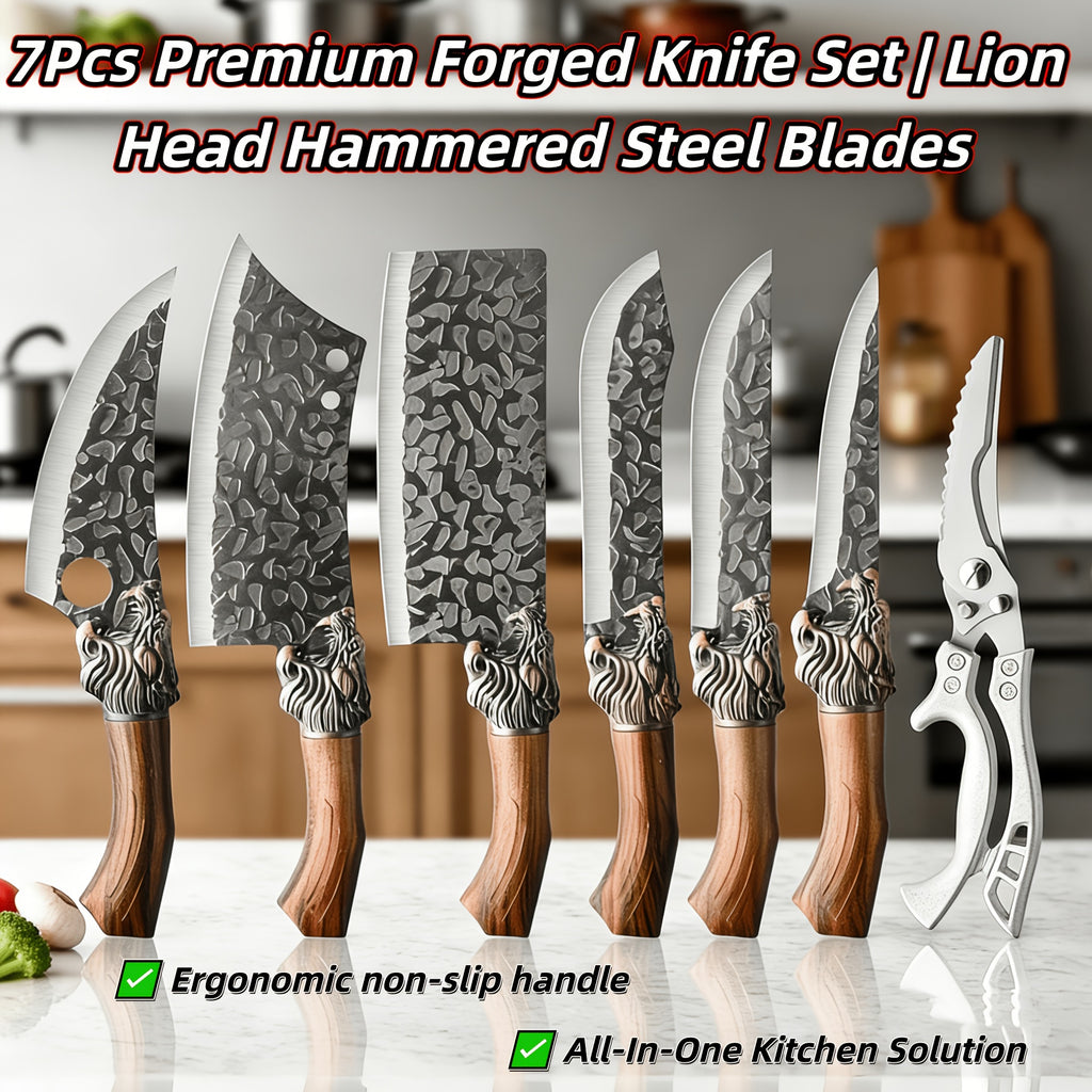 7pcs chef knife set   damascus style blade brown