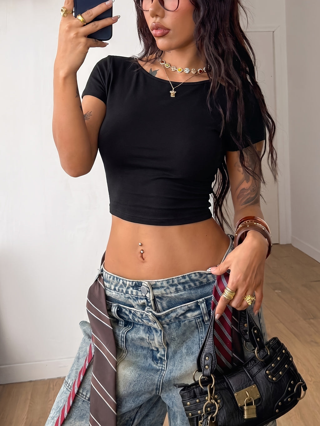 womens y2k solid back   lace hollow short sleeve