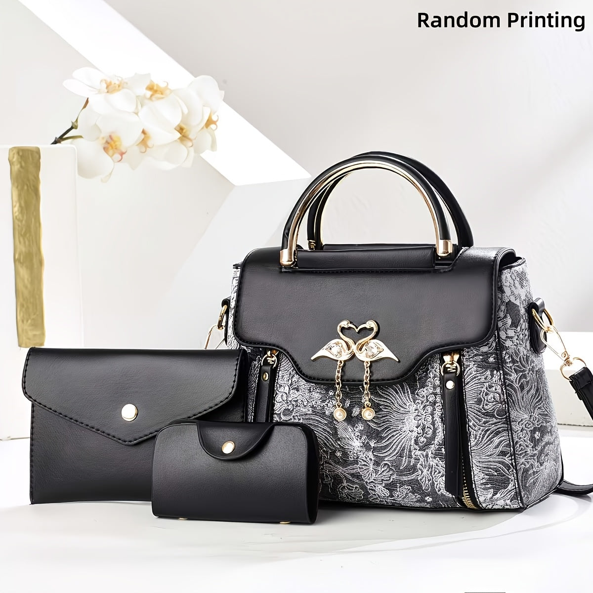 3pcs womens handbag set swan decor top handle tote bag card