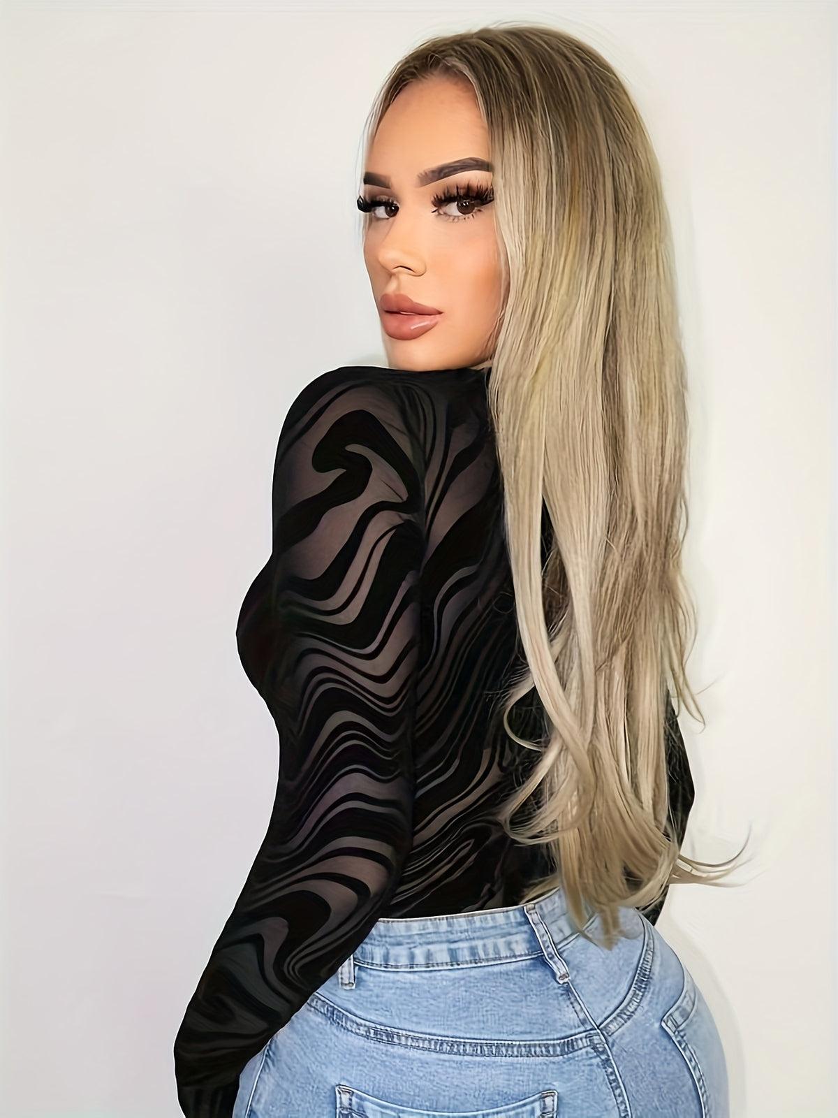 elegant textured flocking long sleeve bodysuit marble