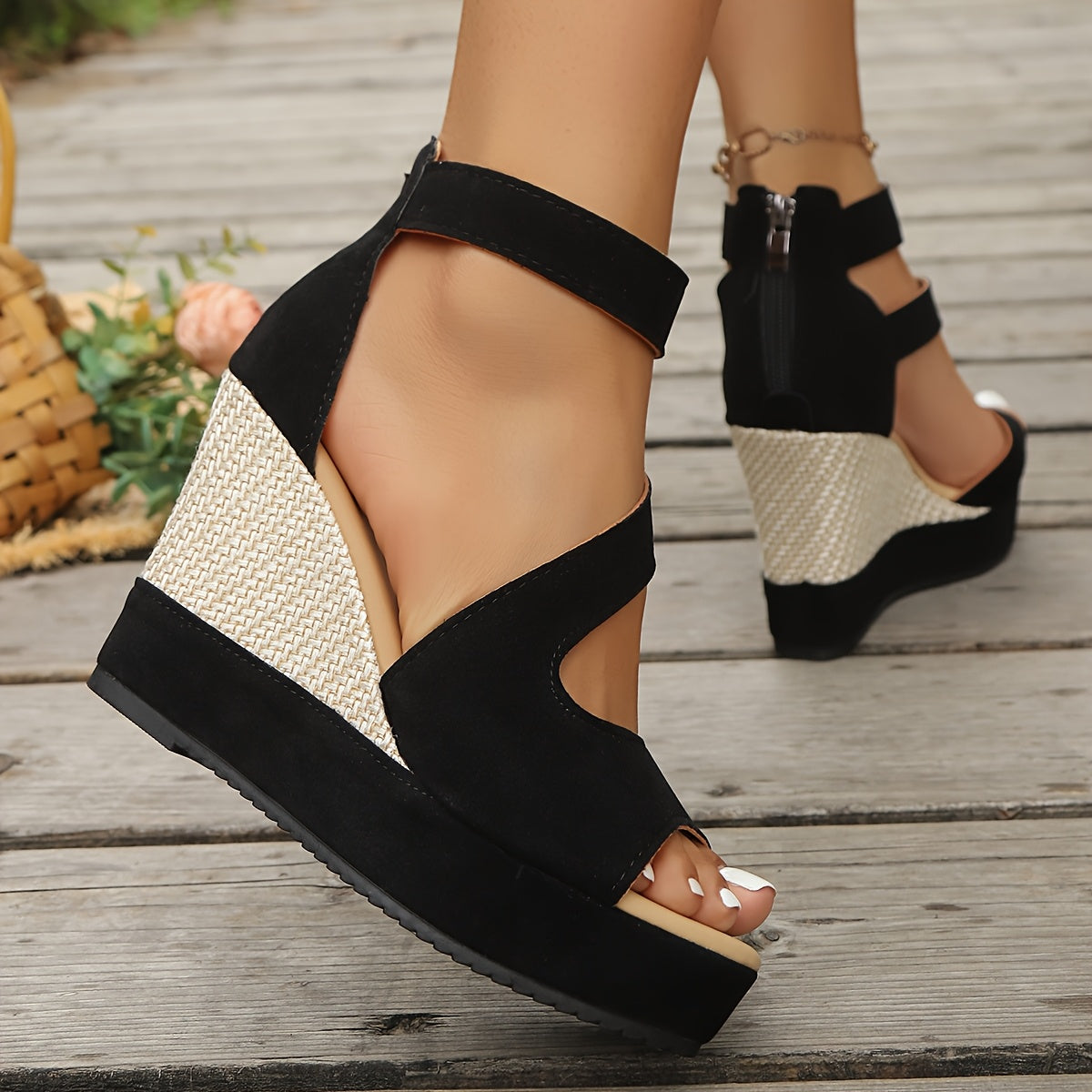 womens black thick sole wedge sandals open toe zipper