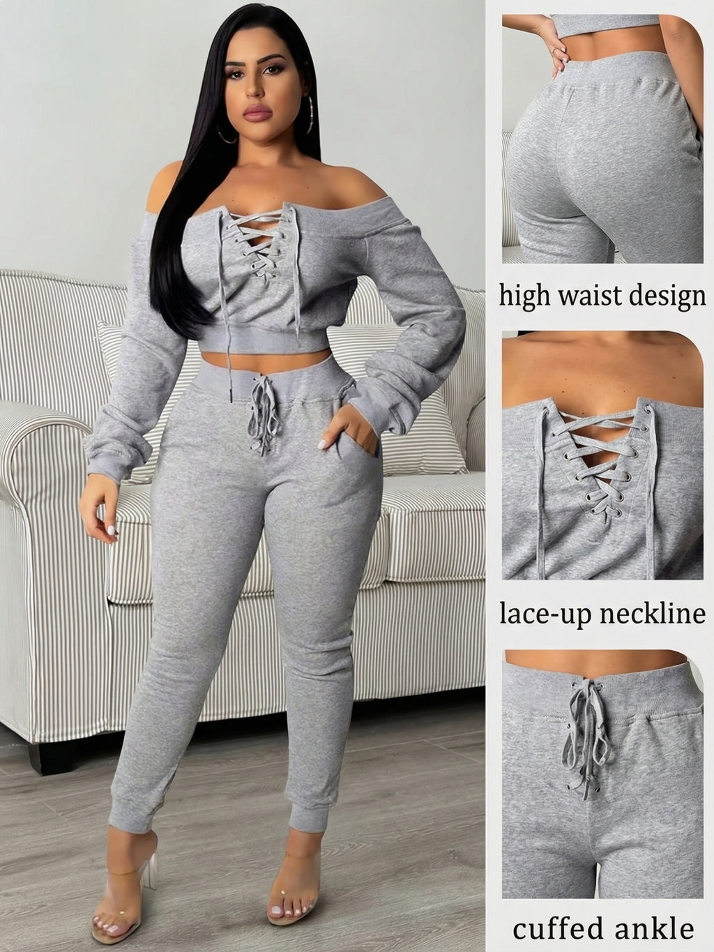 womens 2pcs sweatsuit set shoulder lace long sleeve crop top