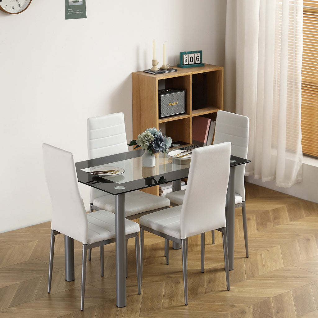 5pcs modern dining set glass   4 leather chairs