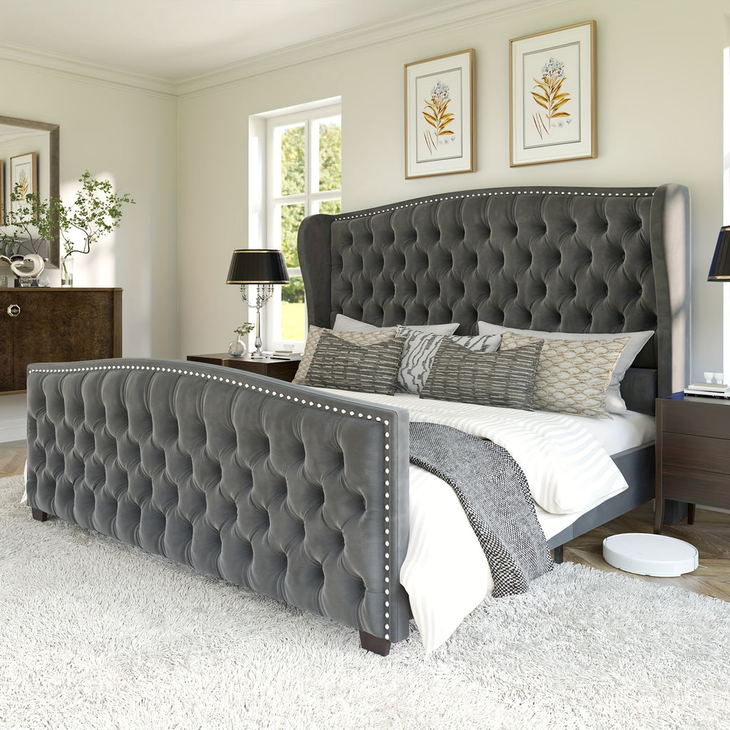 platform bed frame velvet upholstered bed deep button tufted