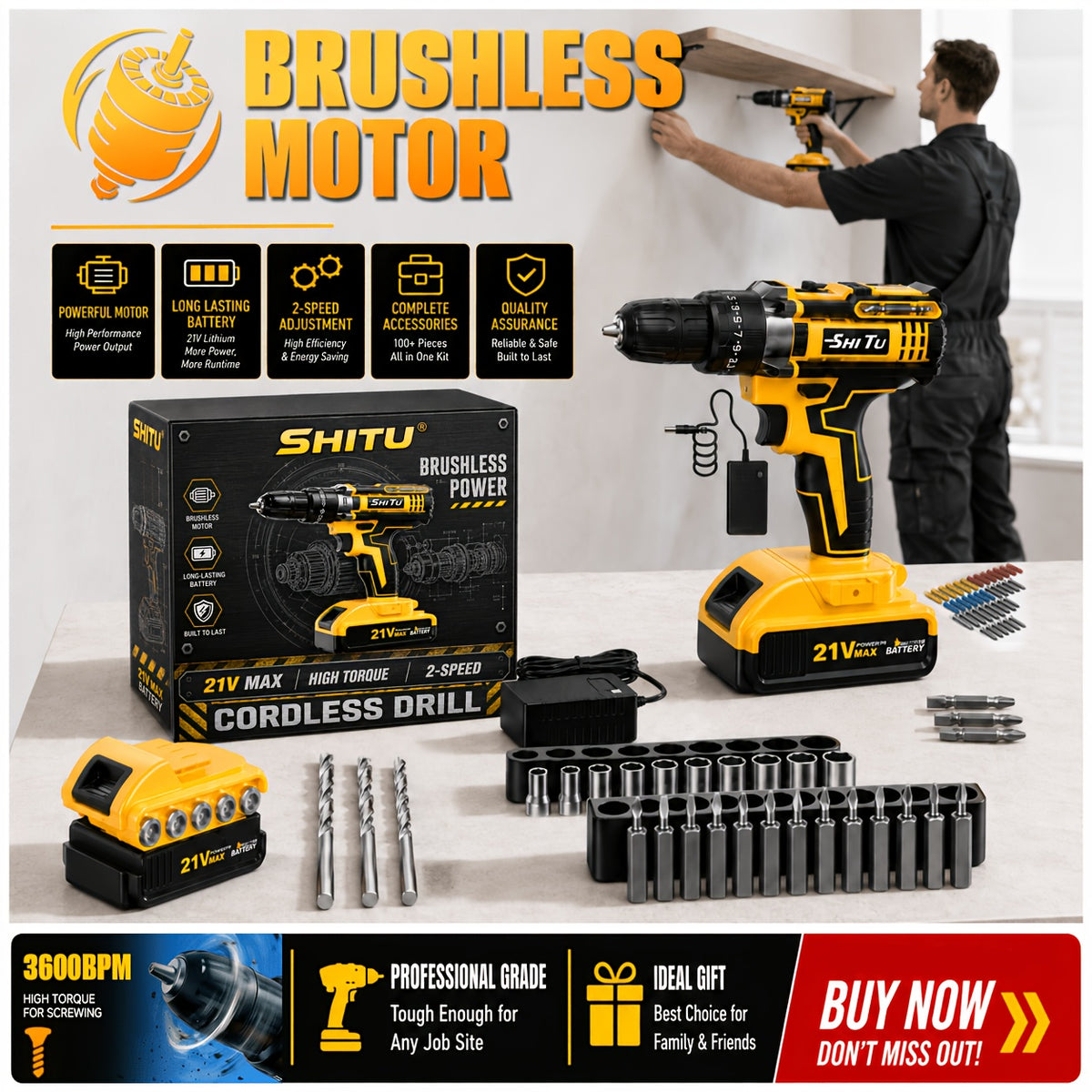 2026 21v cordless drill kit tool box fast charging