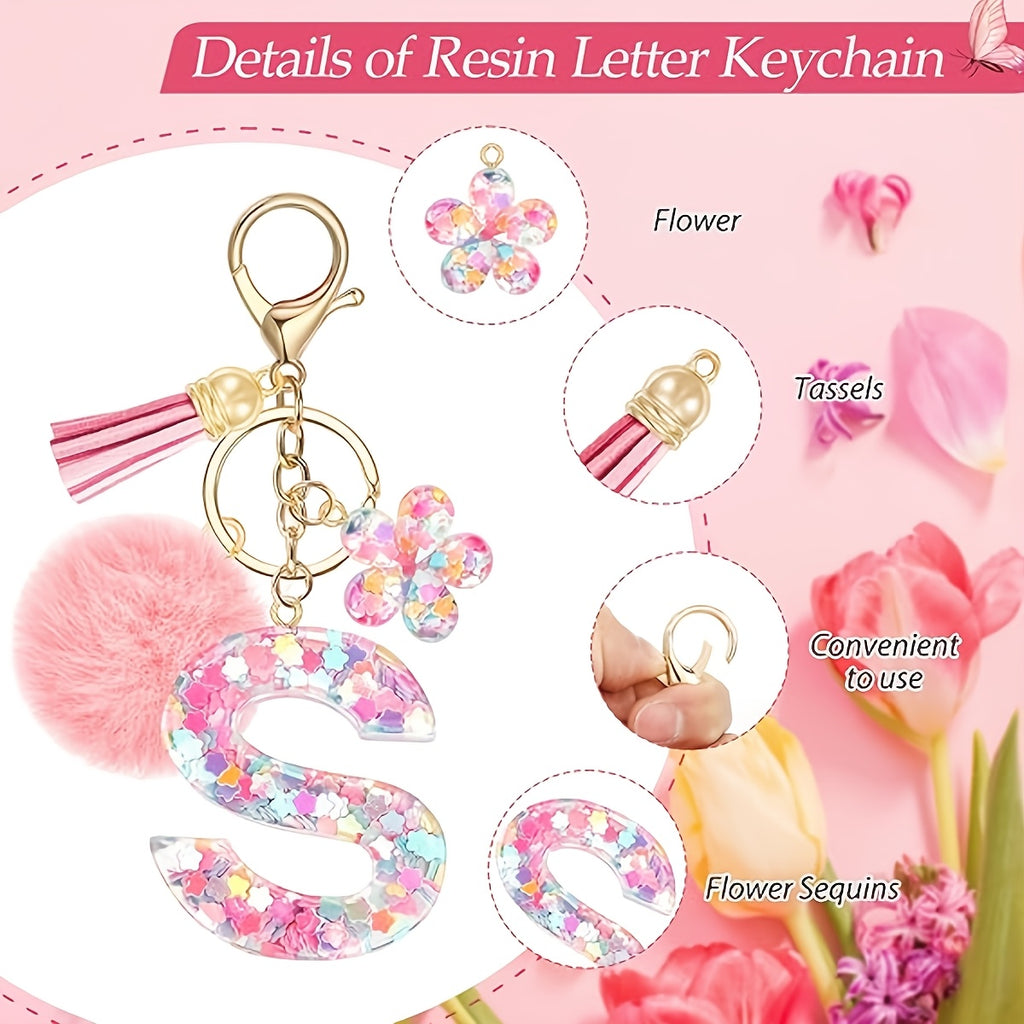 ladies initial keychain cute pink flower resin letter