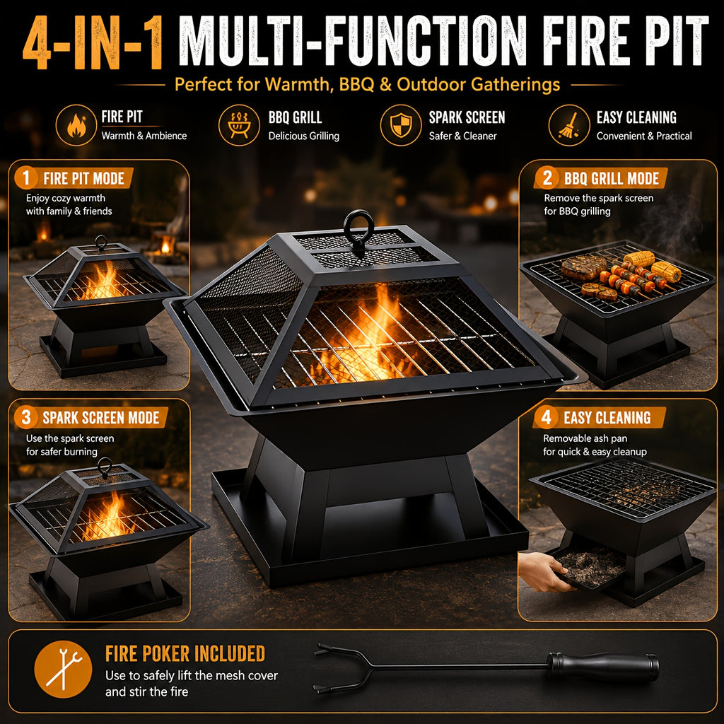 portable 4 in 1 wood burning fire pit removable cooking
