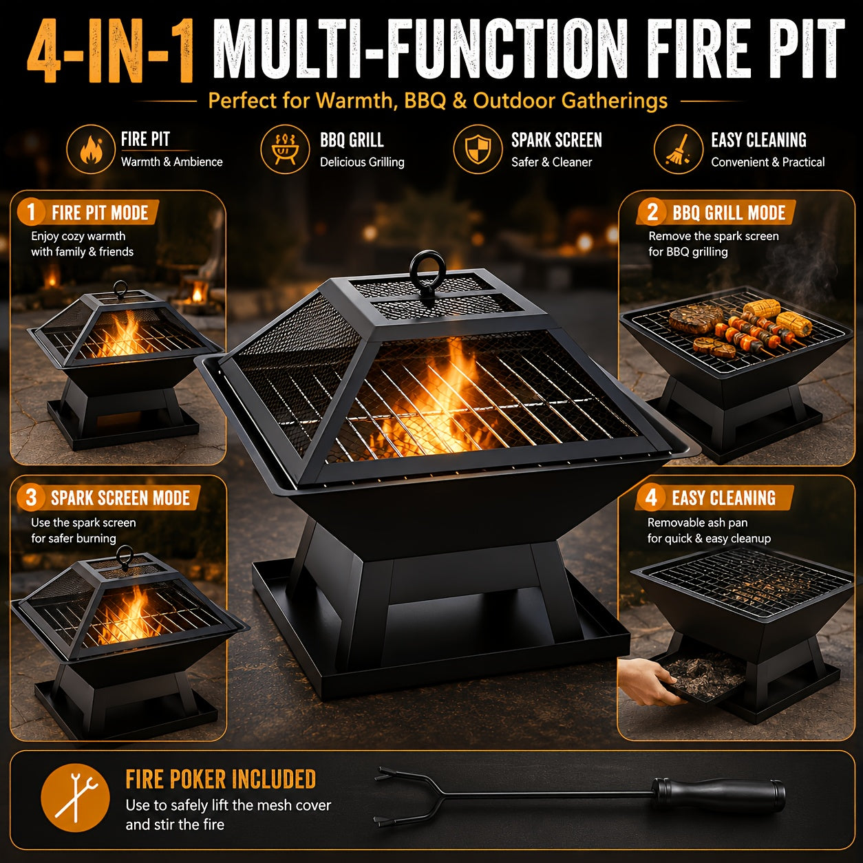 portable 4 in 1 wood burning fire pit removable cooking