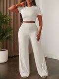 2025 new solid color short sleeve top wide leg pants casual