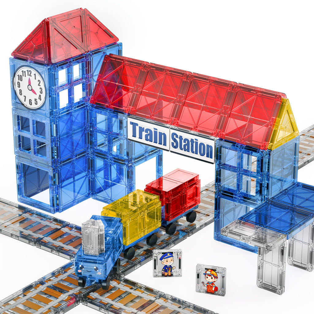 magnetic train station building set 60pcs magnetic tiles