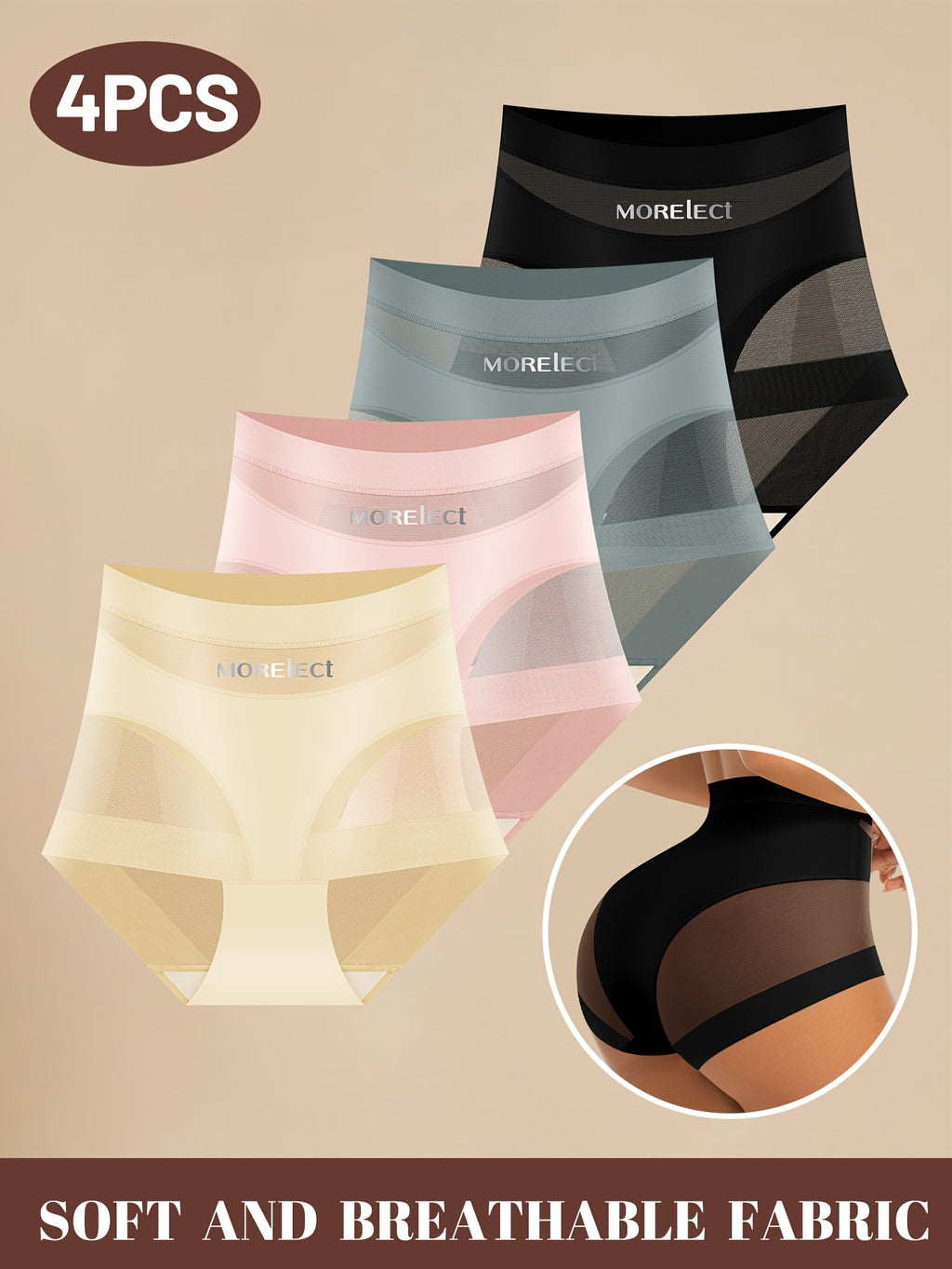 4pcs high waist tummy control breathable mesh womens panties