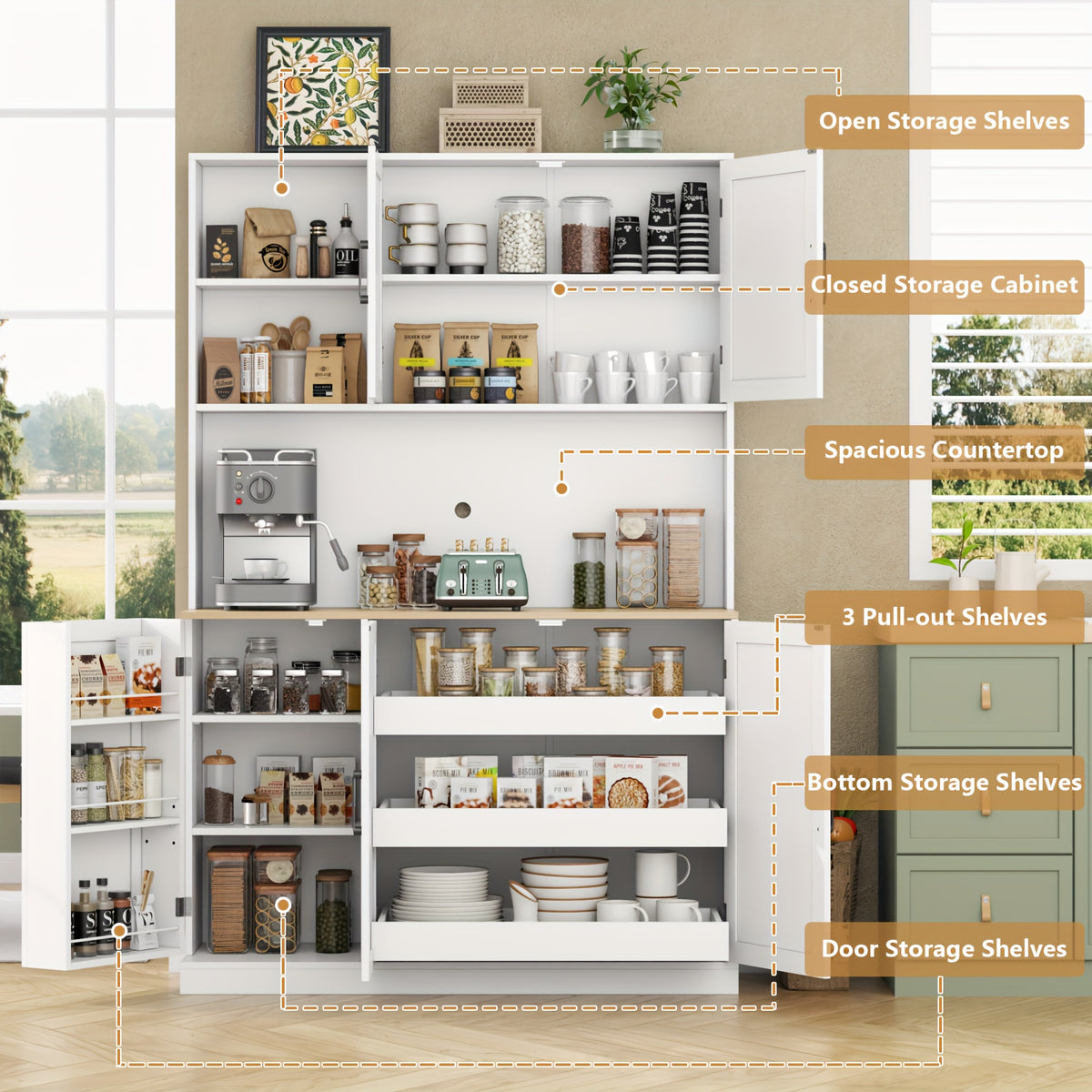 tall pantry storage cabinet 3 pull shelves modern kitchen