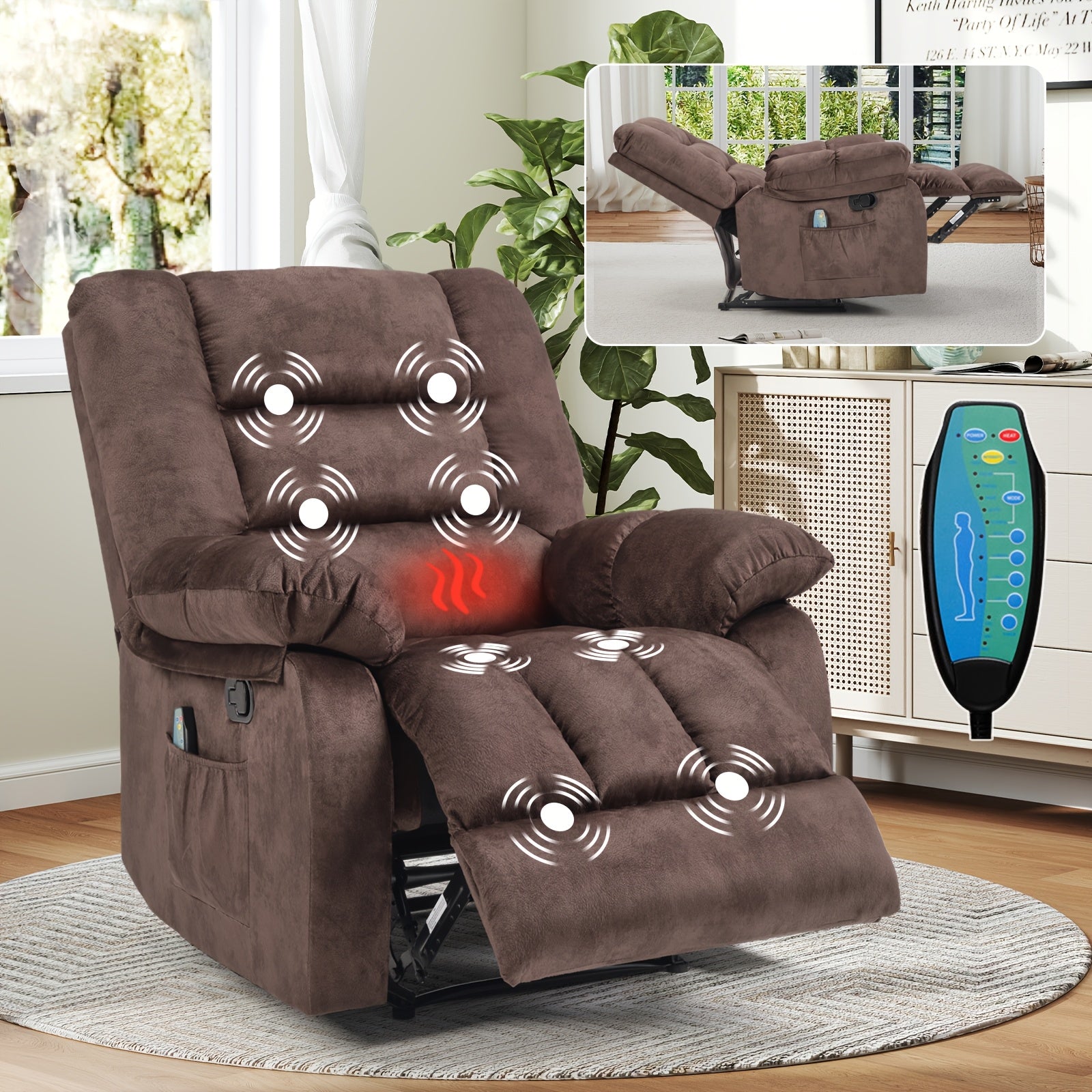 oversized manual recliner chair massage heat soft fabric