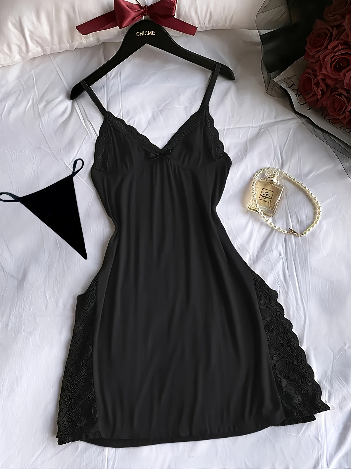 3pcs womens solid color lace nightgowns side slit design