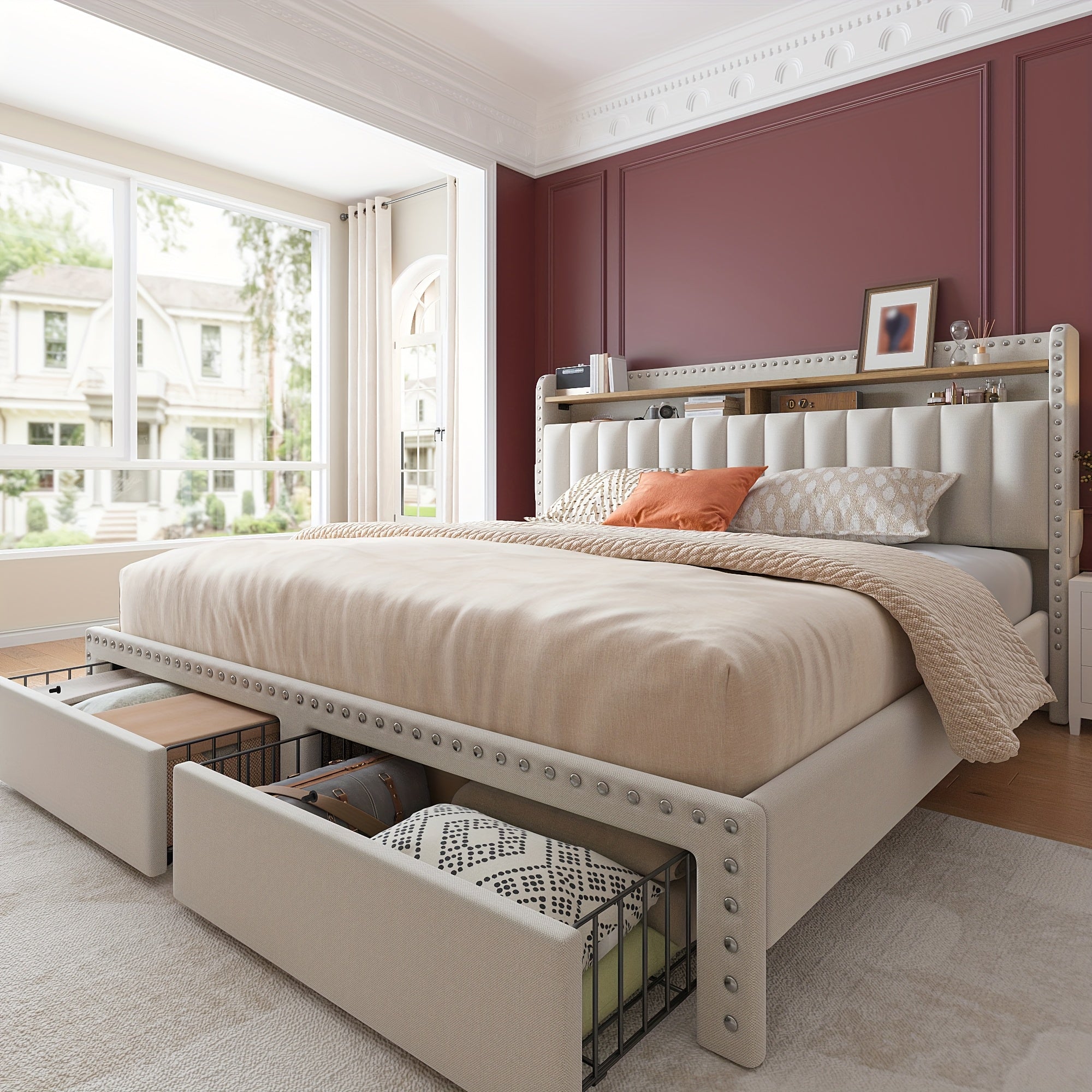 king size upholstered bed frame storage 2 tier headboard 2