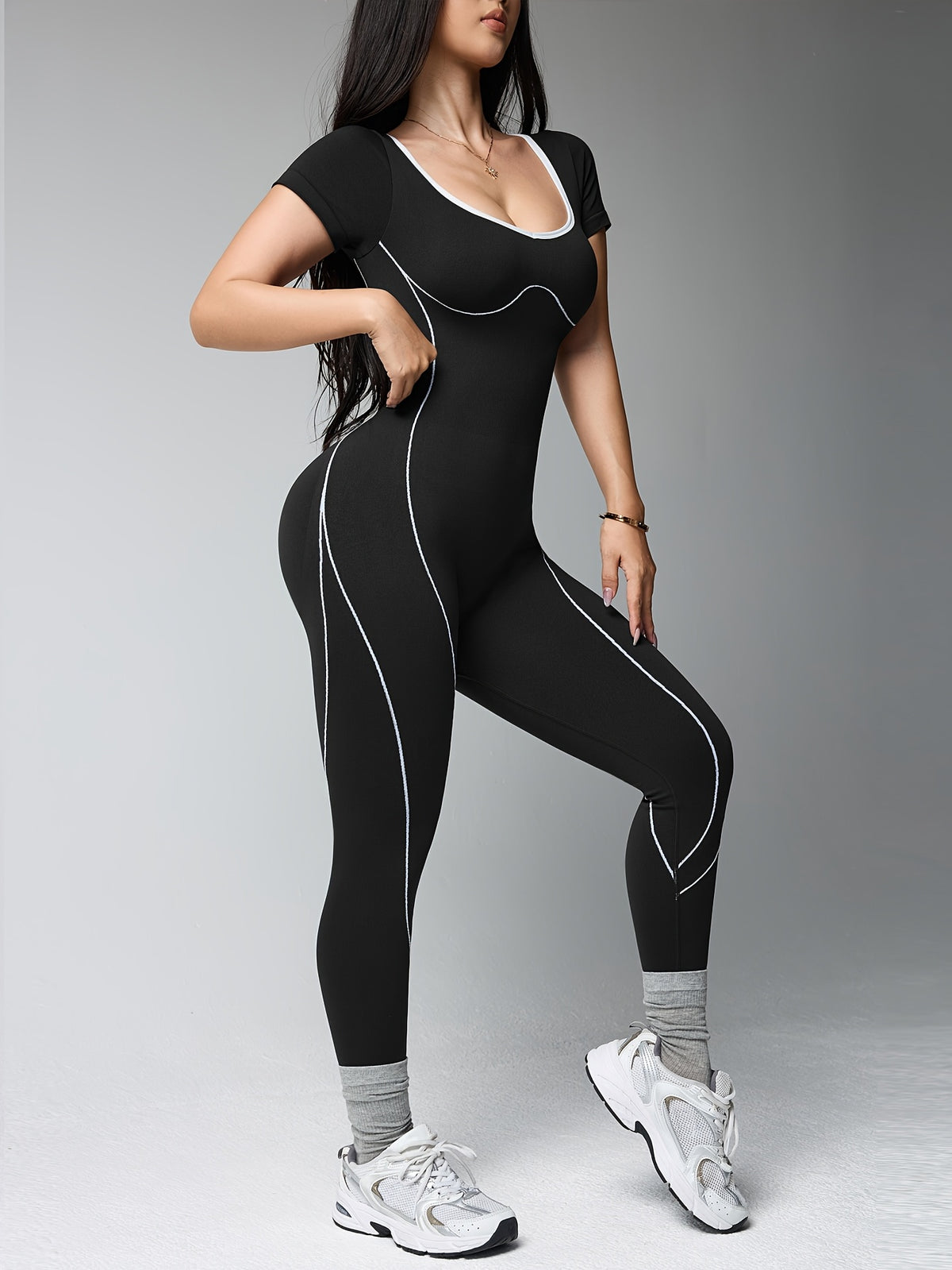 1pc womens   block line athletic jumpsuit