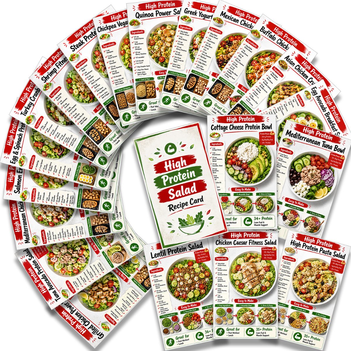 set high protein salad recipe cards   prep guide