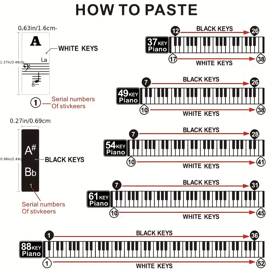 37 49 54 61 88 key piano keyboard stickers removable piano