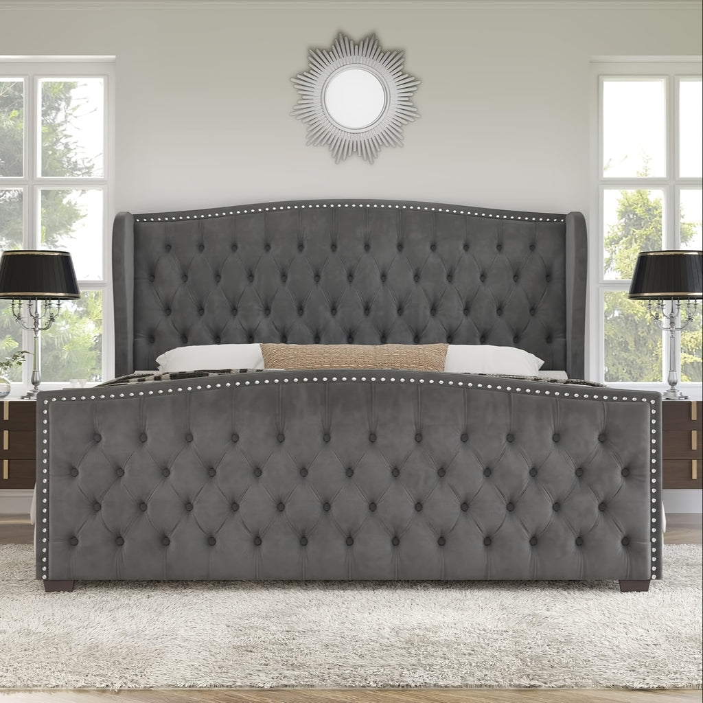 platform bed frame velvet upholstered bed deep button tufted