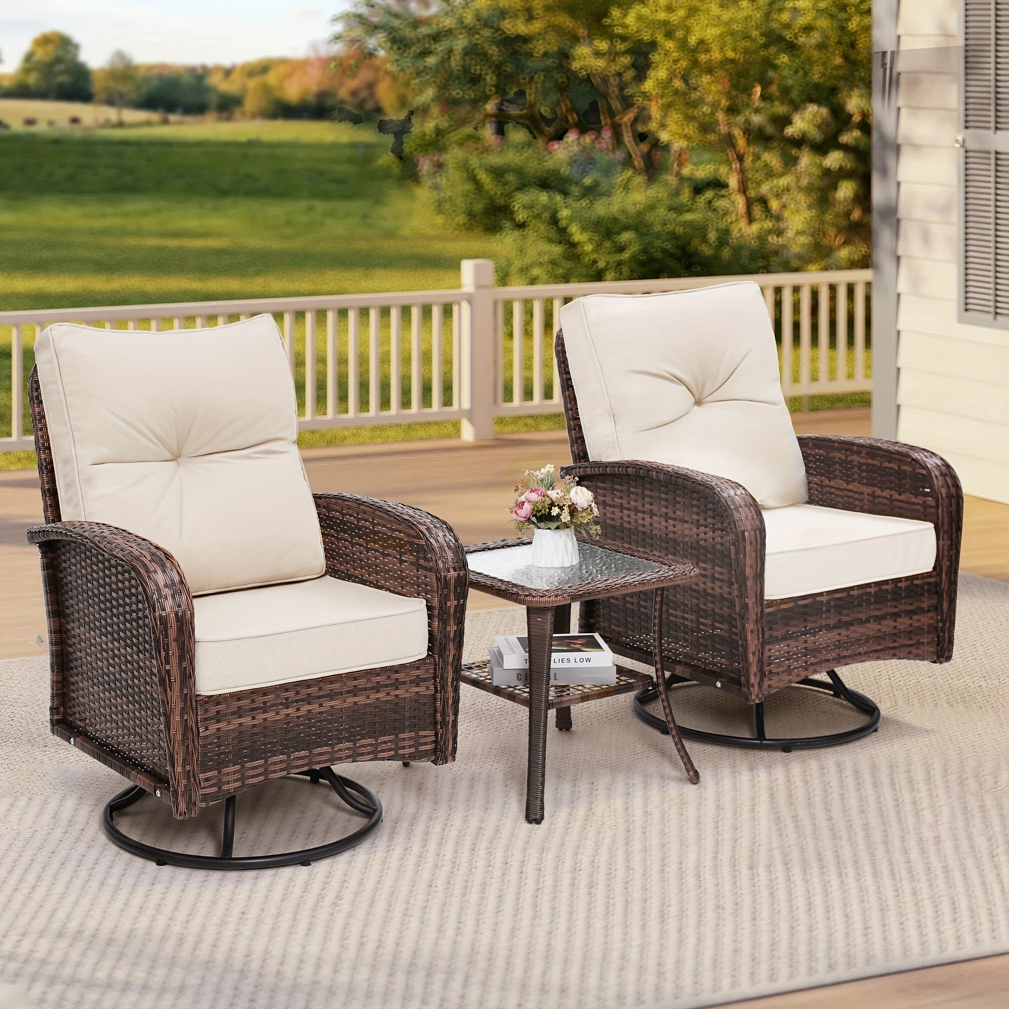 3pcs patio wicker glider rocker set 360 degree swivel
