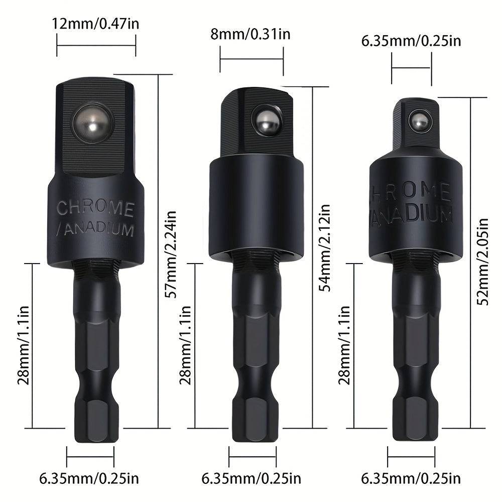 3pcs power drill sockets adapter set 360 rotatable hex shank