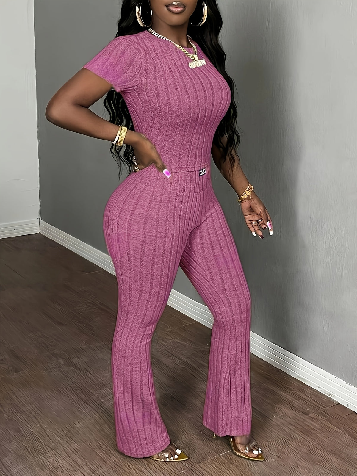 womens ribbed solid color top wide leg pants set women's