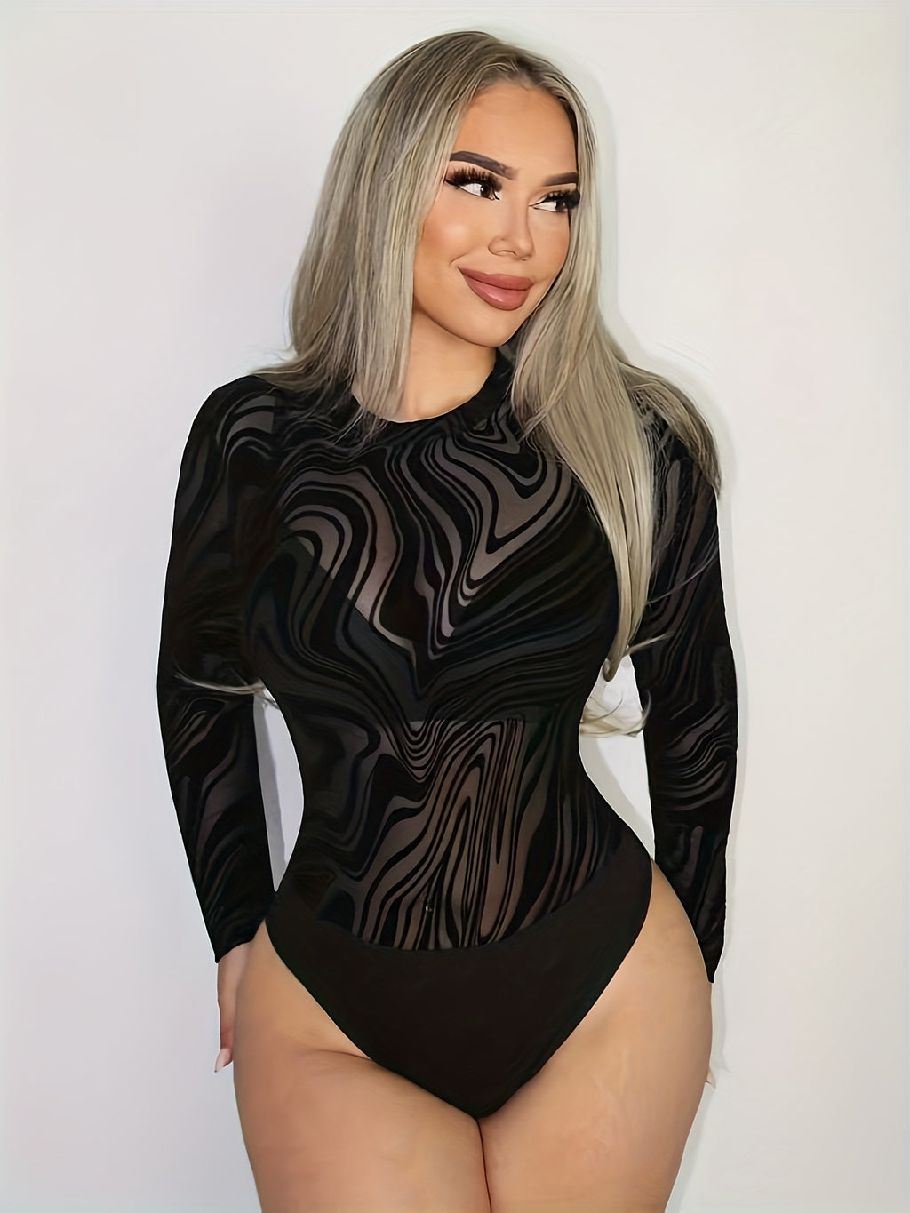 elegant textured flocking long sleeve bodysuit marble