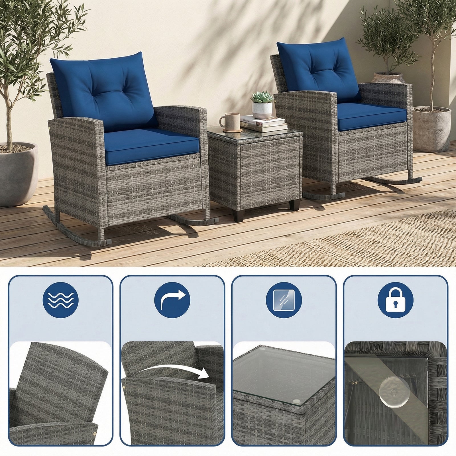 3pcs outdoor rocking chair set rattan wicker patio