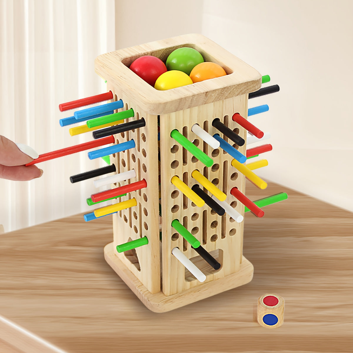 childrens wooden stick   1 dice 4 colored balls 30
