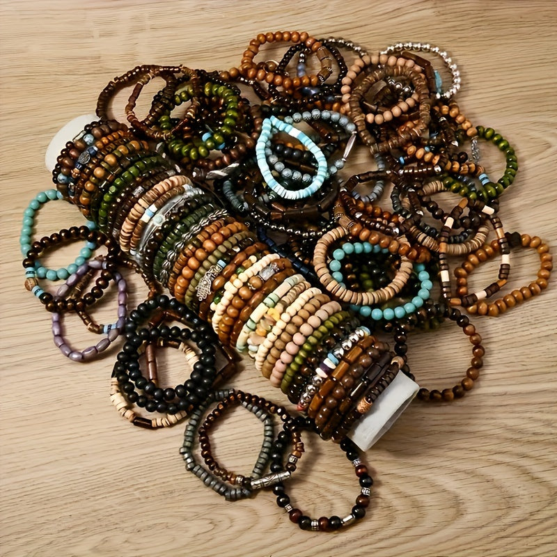 36 pack assorted wooden beaded bracelets   metal