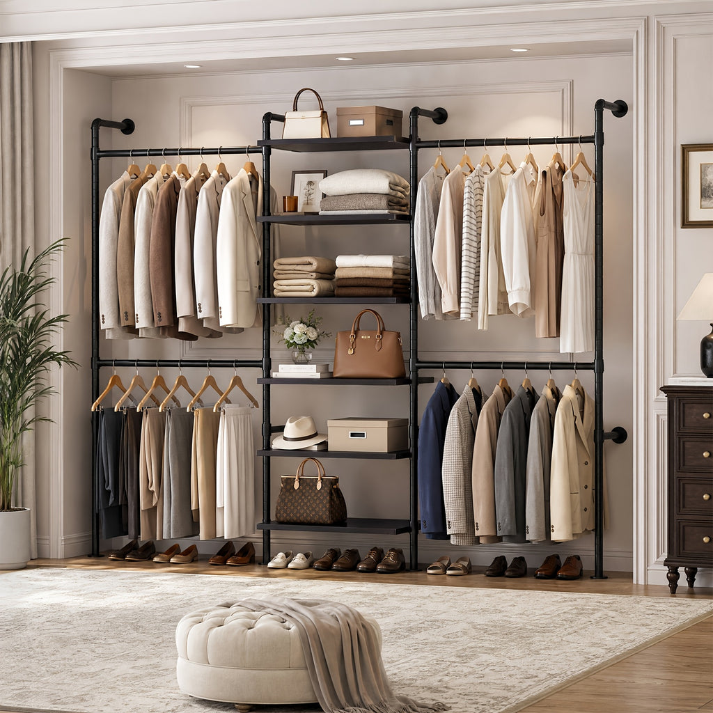 wall-mounted bedroom wardrobe, retro industrial style duct clothing rack with 6 wooden shelves and 4  . bedroom furniture wardrobe storage - furniture