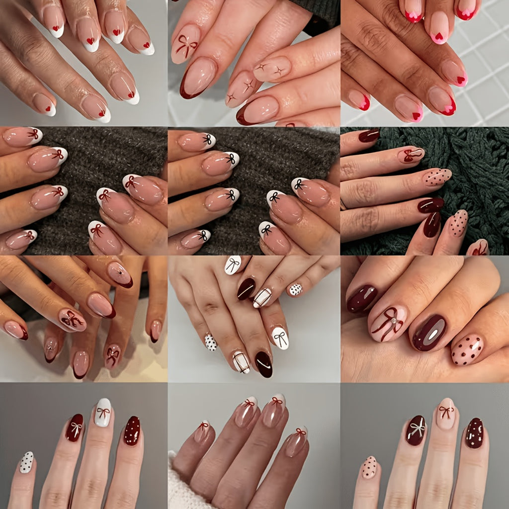 288pcs short oval press nails   multicolor bow heart